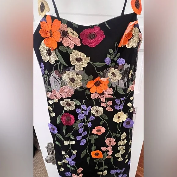 BCBGMaxAzria Black Mesh Dress w. Multicolor Floral Embroidery - W Size 10 - NWT. - Picture 6 of 14